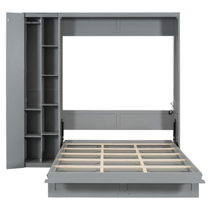 English Elm Queen Murphy Wall Bed with Led Lighting Open Shelves and Wardrobe Cabinet Storage LP000899AAE