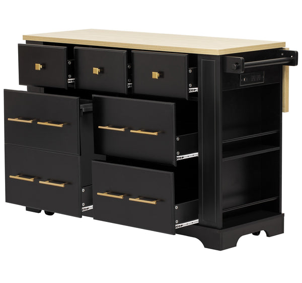 English Elm K&K Rustic Kitchen Island Cart with 6 Drawers, Pull-Out Trash Cabinet, Drop Leaf & Built-In Charging Station Black N707P307292B