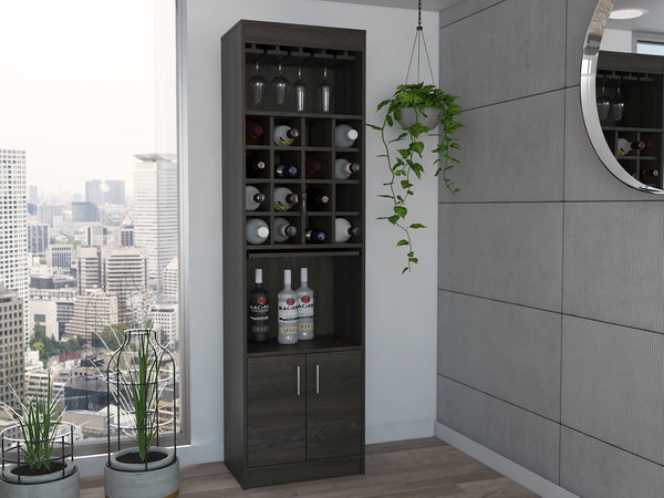 English Elm Illinois Bar Cabinet with 16 Bottle Cubbies, Glass Rack for 8, Cabinet & Open Shelf — Stylish, Ergonomic Storage B128S00031
