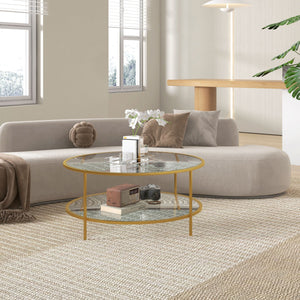 English Elm Homcom 36" Round Side Table With 2-Tier Glass Shelves And Gold Steel Frame For Stylish Living Spaces W2225P217454