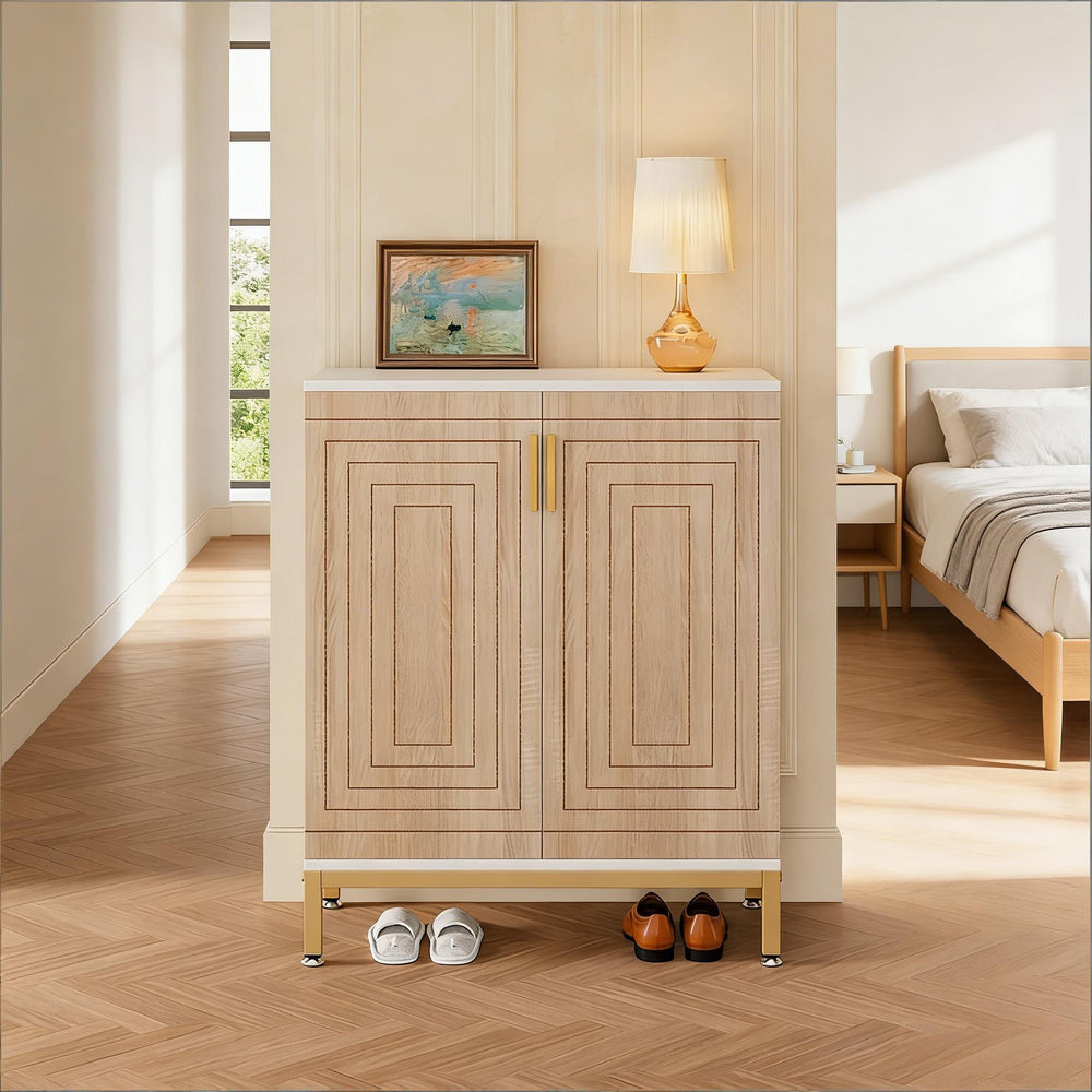 English Elm Durable White Mdf Shoe Cabinet with Gold Legs Geometric Doors Entryway Storage T3971P447602