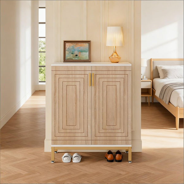 English Elm Durable White Mdf Shoe Cabinet with Gold Legs Geometric Doors Entryway Storage T3971P447602