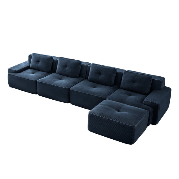 English Elm 153" Modern L-Shaped Modular Sectional Sofa: Cozy 4-Seater With Tufted Design & Movable Ottoman, Blue W714S01499