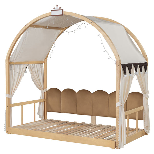 English Elm Twin Pinewood Ground-Level Canopy Bed with Arched Roof and Trundle for Kids—Whimsical, Sturdy Design Natural N820P181648N