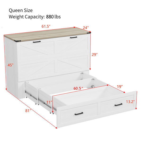 English Elm Queen Farmhouse Murphy Cabinet Bed with Charging Station and Storage Drawer White N733S361778W