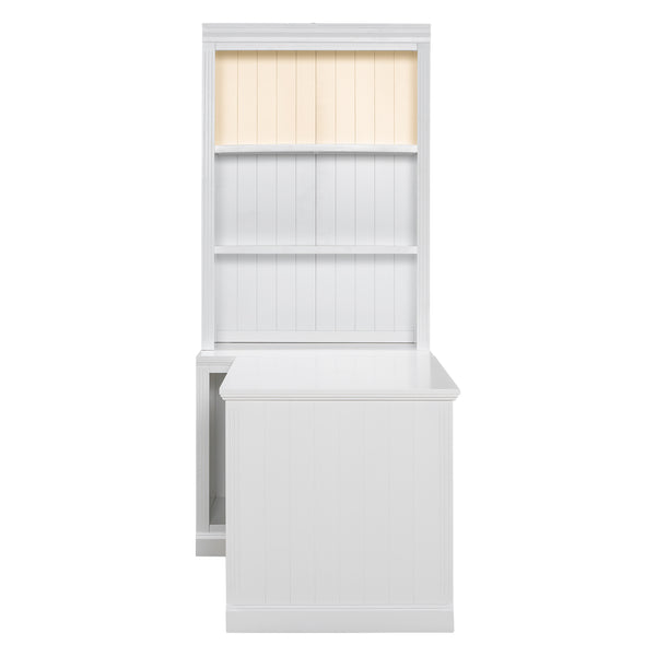 English Elm 83.4"Tall Bookshelf with Writing Desk White – Modern Solid Wood Workstation with LED, Drawer & Adjustable Shelf N751S280597K