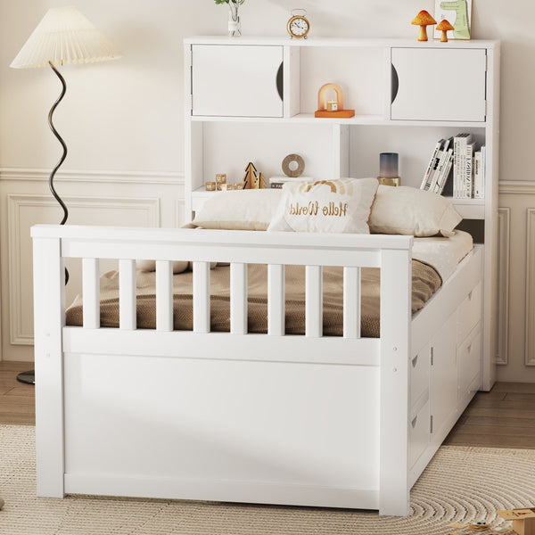 English Elm Twin Captain Platform Bed with Bookcase Headboard Four Drawers Pine Mdf Frame White GX001828AAK-1