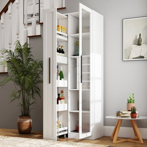 English Elm Kitchen Pantry Cabinet - Versatile Pull-Out Storage Shelf With Glass Doors For Farmhouse Charm & Organization W331S00189