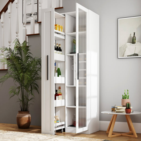 English Elm Kitchen Pantry Cabinet - Versatile Pull-Out Storage Shelf With Glass Doors For Farmhouse Charm & Organization W331S00189
