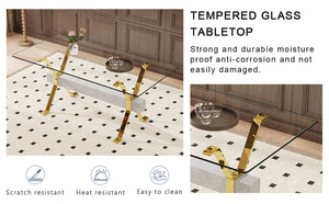 English Elm Table Elegant Transparent Glass Dining Set - 71"X35.4" With 8 Stylish Black Pu Chairs & Gold Legs W1151S02362-GIGA