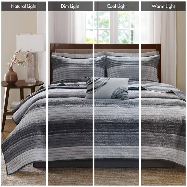 JLA Home Madison Park Essentials - 8 Piece Quilt Set Watercolor Stripe Reversible Microfiber Quilt with Grey Cotton Sheets, OEKO-TEX Freshness Protection MPE13-1210