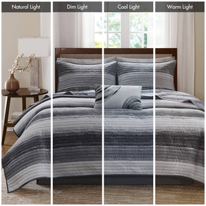 JLA Home Madison Park Essentials - 6 Saben 6-Piece Quilt Set with Watercolor Stripe, Reversible Microfiber Quilt & Breathable Cotton Sheets Black MPE13-1206