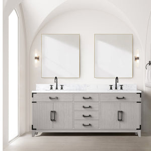 English Elm White Oak Double Bath Vanity Set With Carrara Marble Top, Faucets, & Matching 36 In. Mirrors B2731S01872-GIGA