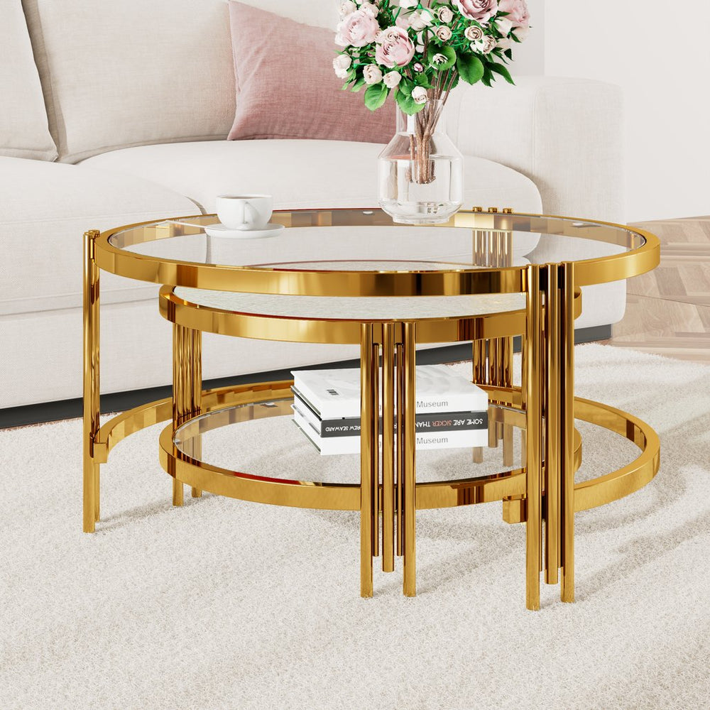 English Elm Modern Nesting Coffee Table Set Textured Tempered Glass Gold Tripod Base Living Room N735P354005A