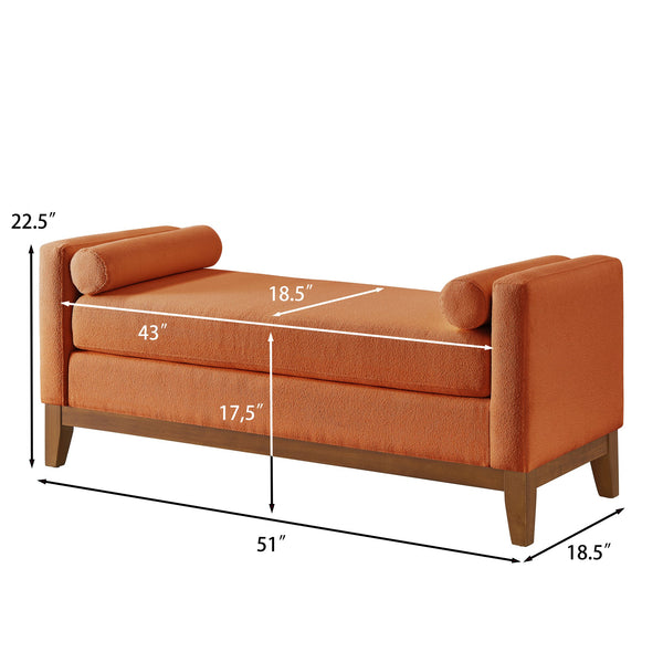 English Elm Large Boucle Upholstered Window Bench with Armrests and Throw Pillows for Entryway Orange W2186P454319
