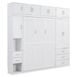 English Elm Full Full Size Murphy Bed with Lockers & Wardrobes in White — Space-Saving Foldaway Cabinet, Shelves, Drawers, Installation Video Included GX000392AAK