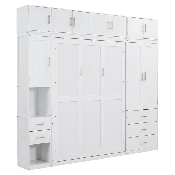 English Elm Full Full Size Murphy Bed with Lockers & Wardrobes in White — Space-Saving Foldaway Cabinet, Shelves, Drawers, Installation Video Included GX000392AAK