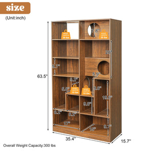English Elm Modern Wood Grain Bookshelf Cat Habitat with Climbing Cubbies for Living Room Brown N752P395027D