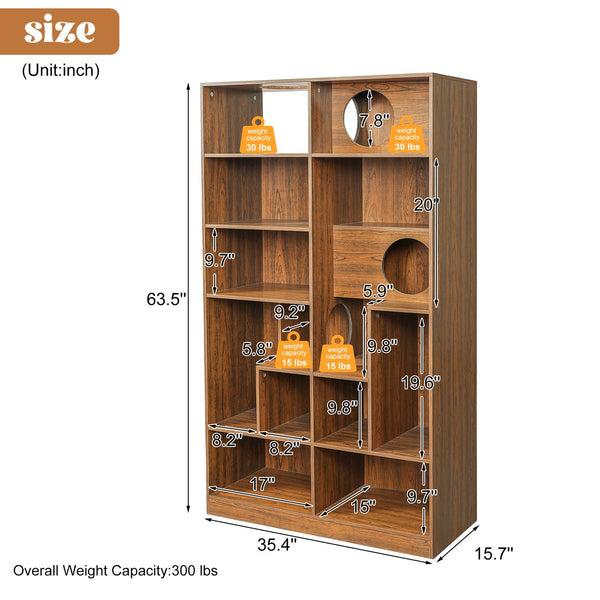 English Elm Modern Wood Grain Bookshelf Cat Habitat with Climbing Cubbies for Living Room Brown N752P395027D