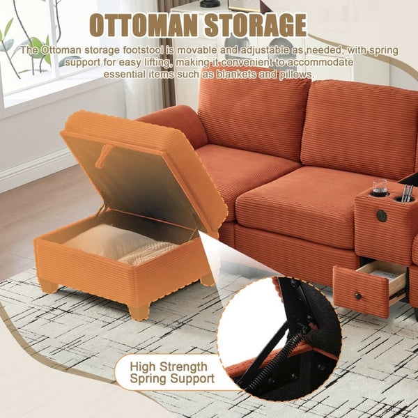 English Elm United Corduroy L-Shaped 4-Seater Sofa With Usb, Cup Holders & Storage Ottoman - Perfect For Apartments! W1568S00225-GIGA