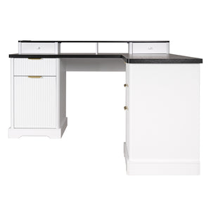 English Elm 59" Fluted Oak L-shaped Corner Desk with Charging Station Monitor Stand and File Storage White W2917S00004