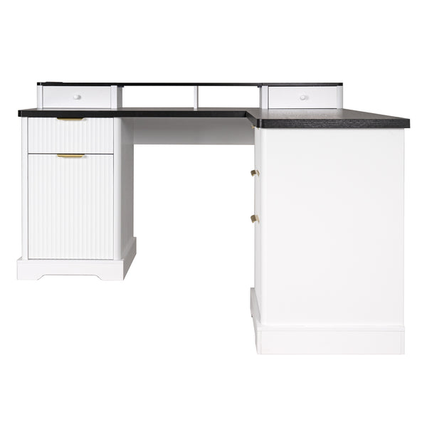English Elm 59" Fluted Oak L-shaped Corner Desk with Charging Station Monitor Stand and File Storage White W2917S00004