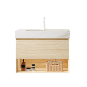 English Elm FRIGGA 30" Floating Bathroom Vanity with Calacatta Gold Sintered Stone Top, LED Sensor, Plywood Cabinet W2615S00293