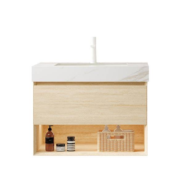 English Elm FRIGGA 30" Floating Bathroom Vanity with Calacatta Gold Sintered Stone Top, LED Sensor, Plywood Cabinet W2615S00293