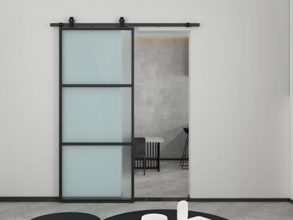 English Elm 30 in Matte Black Steel Sliding Barn Door Frosted Glass Privacy Panel with Hardware B2763P483195