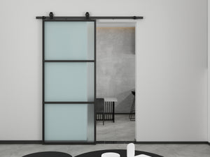English Elm 30 in Matte Black Steel Sliding Barn Door Frosted Glass Privacy Panel with Hardware B2763P483193