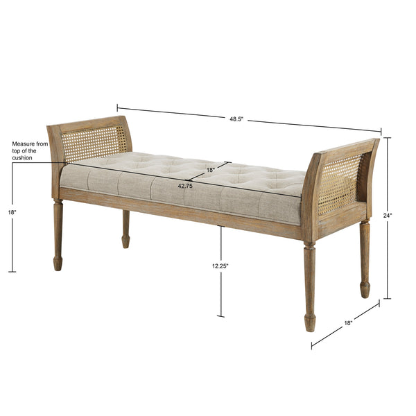 JLA Home Martha Stewart - Accent Bench with Tufted Upholstery, Cane-Inset Arms & Solid Wood Frame — Rustic Modern Entryway Seat MT105-0159