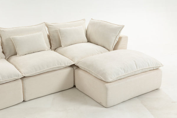 English Elm 102.3" Oversized Modular Sectional Sofa Cotton Linen Deep Seat Lounge with Ottoman Antique White W2530S00014