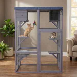 English Elm Outdoor Solid Fir Wood Cat Enclosure with 4 Tiered Platforms and Dual Napping Houses W3166P476669