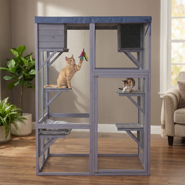 English Elm Outdoor Solid Fir Wood Cat Enclosure with 4 Tiered Platforms and Dual Napping Houses W3166P476669