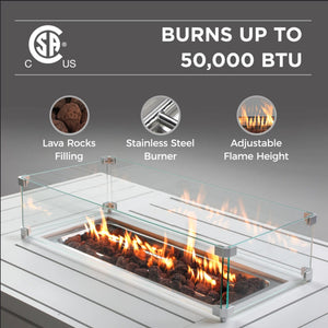 English Elm 54.3 Inch Aluminum Rectangular Propane Fire Table with Convertible Lid for Patio White B082S00070