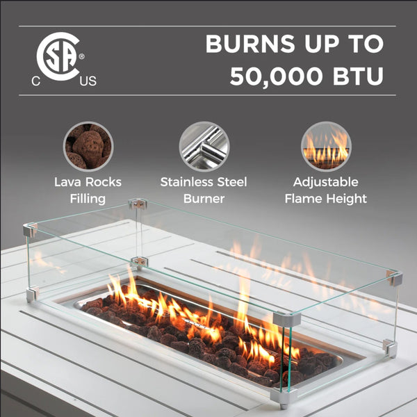 English Elm 54.3 Inch Aluminum Rectangular Propane Fire Table with Convertible Lid for Patio White B082S00070