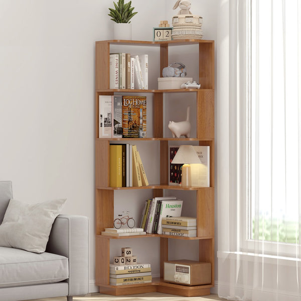 English Elm 6 Tier Freestanding L-Shaped Corner Bookshelf with Anti-Tip, Rounded Corners, 3D Wood Grain Finish Dark Oak W2899P372855