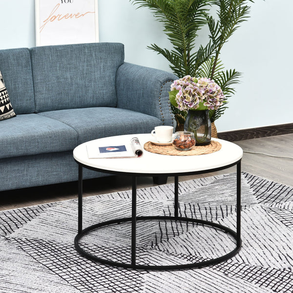 English Elm HOMCOM Modern Round 32" Coffee Table with Wood Grain Top and Black Metal Frame, Durable & Versatile White W2225P217443