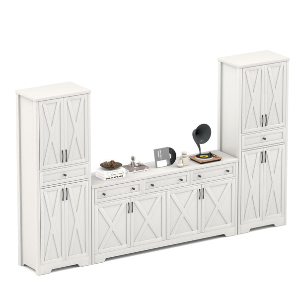 English Elm 66 Inch Entertainment Center with Tempered Glass Open Closed Storage for Living Room White W1162P313309