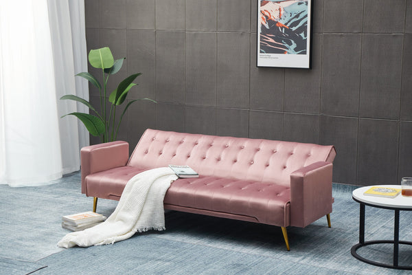 English Elm Sofa Bed Velvet Upholstered Convertible with Gold Metal Legs for Studio Spaces Rose B205P246428