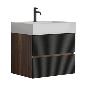 English Elm 24' Mid-Century Wall-Mounted Vanity with Engineered Quartz Basin, Hidden Handle, Extra Storage, Soft-Close Drawers Black+Brown W1865S00170