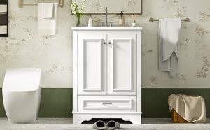 English Elm 24'' Bathroom Vanity with Ceramic Sink Combo Modern Freestanding MDF Cabinet with Soft-Close Doors and Sleek Silver Handles for Spacious Organized Bathroom Storage White N710P194893K