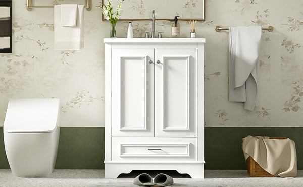 English Elm 24'' Bathroom Vanity with Ceramic Sink Combo Modern Freestanding MDF Cabinet with Soft-Close Doors and Sleek Silver Handles for Spacious Organized Bathroom Storage White N710P194893K