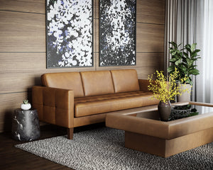 Sunpan Karmelo Sofa: Timeless Italian Design with Luxurious Leather and Solid Beech Wood Legs for Your Home Cognac Leather