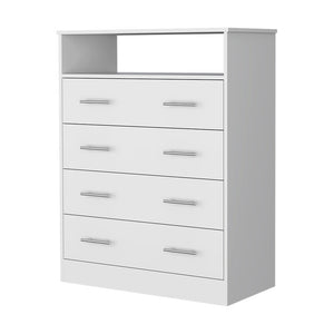 English Elm Lagos Four Drawer Dresser with Spacious Open Shelf and Superior Top, Light Grey Finish, Modern Storage Solution White 47 L x 22 W x 4 H B128S00098