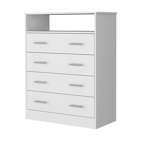 English Elm Lagos Four Drawer Dresser with Spacious Open Shelf and Superior Top, Light Grey Finish, Modern Storage Solution White 47 L x 22 W x 4 H B128S00098