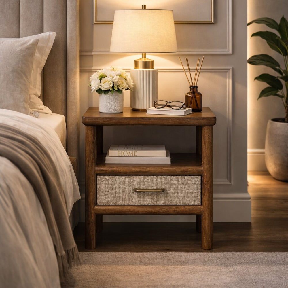 English Elm Solid Wood Rattan Weave Nightstand Compact Bohemian Bedside Table for Cozy Bedrooms B182P490923