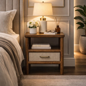 English Elm Solid Wood Rattan Weave Nightstand Compact Bohemian Bedside Table for Cozy Bedrooms B182P490923