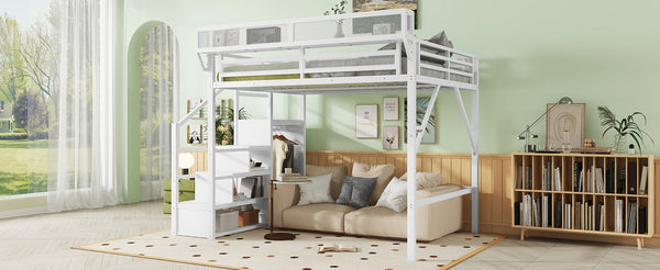 English Elm Queen Size Loft Bed With Stairs & Storage Shelves - Stylish Metal Frame For Kids & Teens, White W2580S00031-GIGA