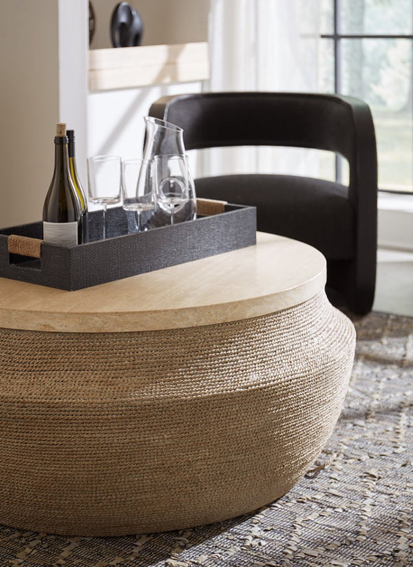 Hooker Furniture Retreat Round Cocktail Table With Travertine Top, Rope-Wrapped Base & Casters For Coastal Style 6950-80111-80